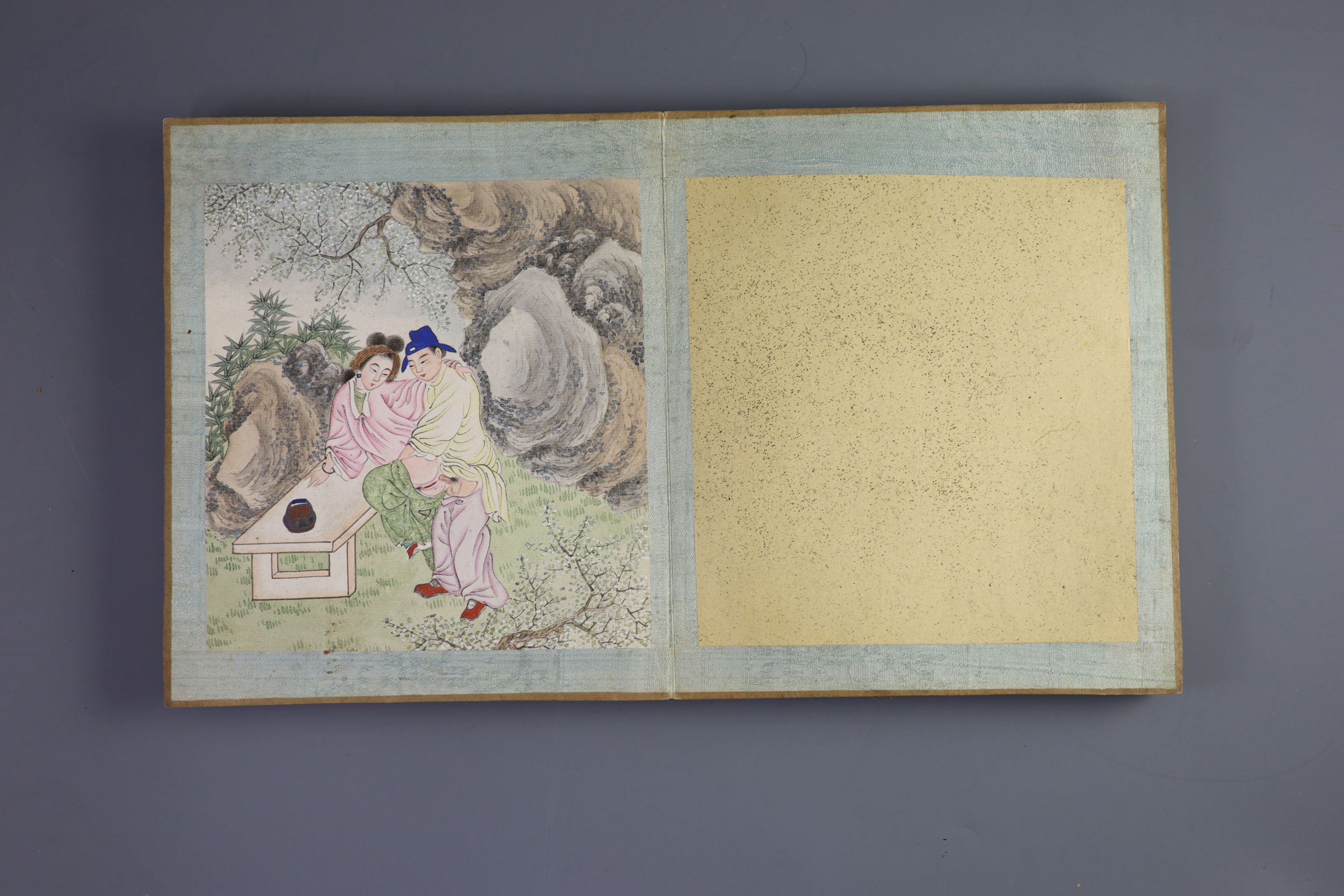 A Chinese album of twelve erotic paintings, late 19th century Total dimensions 19.3 cm x 16.4 cm